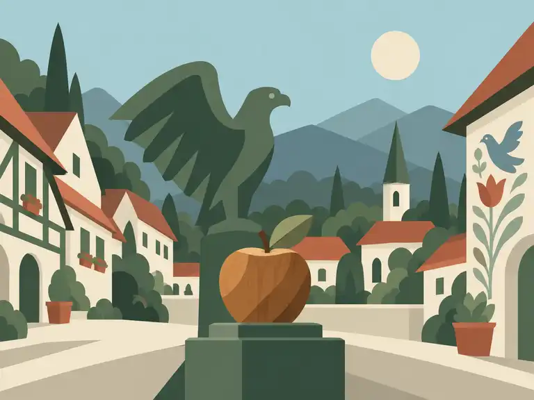 A wooden apple beneath a great bird statue in an art-filled German village